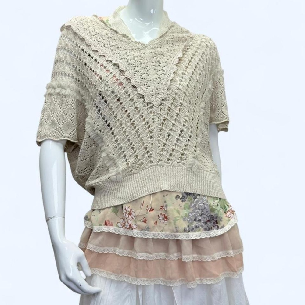 y2k Axes Femme Crochet Knit Sweater Cream Gold Shimmer‎ Coquette Y2K Womens M,